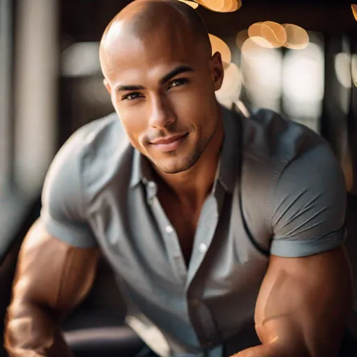 Prompt: Professional full-body  photoshoot of a beautiful, attractive young balding tan man with a buzz cut, wearing a short-sleeve button-up shirt, flexing his biceps, hyperdetailed {symmetrical eyes}, {defined shredded musculature, broad shoulders}, {sultry romantic} smile, center frame, diffused light, intricate detail, best quality, uhd, 8k, symmetry  
