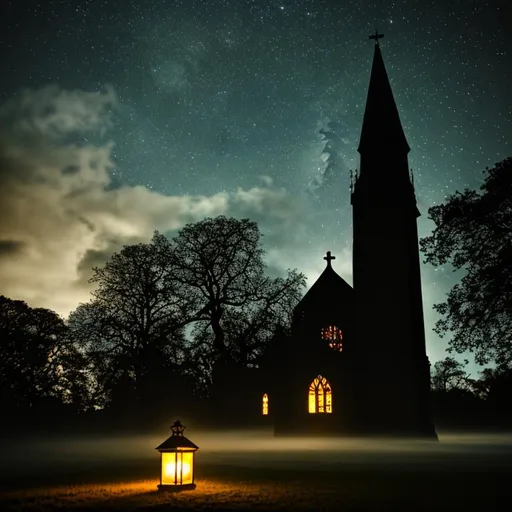 Prompt: Mystical photo of a surreal landscape, starry sky, statue, lantern, cute church, enchanting, foggy ambiance, mysterious lighting, dark tones, gothic aesthetic, hauntingly beautiful, trending on art platforms, art by dark fantasy artist.