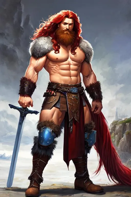 Prompt: oil painting, full body, bare chested strong muscular, male warrior character, has  long red hair that rests upon his sholders, a grey beard and blue eyes wears a long skirt made of bear fur, wears gauntlets and armored boots, he holds a large great sword