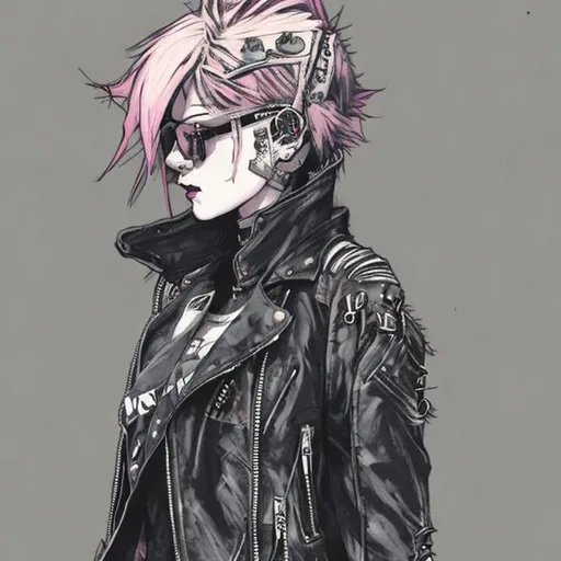 Prompt: character design punk rebel female wearing a leather jacket by demizu posuka pastel colors