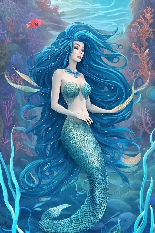 Prompt: A beautiful mermaid with long, flowing hair and a tail of blue scales, swimming in a coral reef.