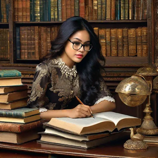 Prompt: RAW photo, pretty young Indonesian woman, 25 year old, (round face, high cheekbones, almond-shaped brown eyes, epicanthic fold, small delicate nose, long wavy black hair, glasses), brocade blouse, black pencil skirt, lying on ornate couch, piles of books, library, masterpiece, intricate detail, hyper-realistic, photorealism, award–winning photograph, shot on Fujifilm XT3