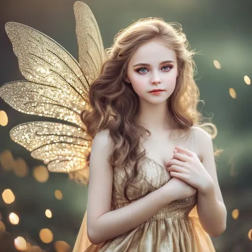 Prompt: Woman character, fairy tale, sweetie, beautiful face, smooth skin, lively, big eyes, positive, light golden brown hair, look at, camera, waring white long dress, soft wind blow, glitter.