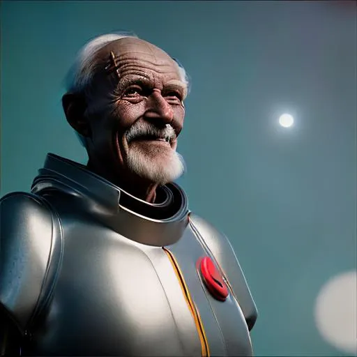 Prompt: a  old man dressed in a futuristic space suit standing looking up to the sky high quality

