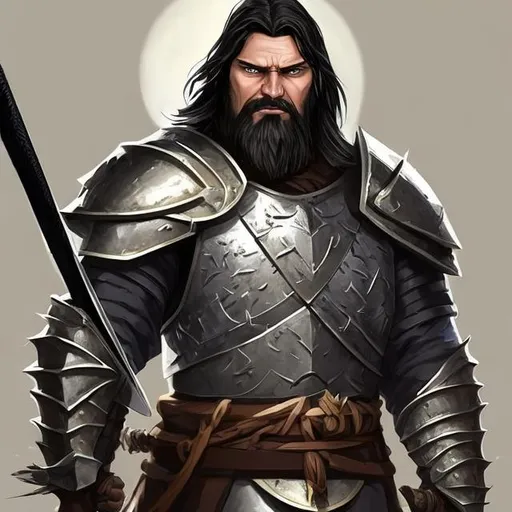 Prompt: Create a realistic picture of. the character below with him standing with a sword and shield in plate mail

Age
42
Sex
Male
Eyes
Deep-set and a striking shade of hazel, they shimmer with intelligence and determination. When he gazes upon his troops or scans the horizon, it's with a sharp, calculated intent, revealing a mind always at work.
Hair
Thick, raven-black hair, cropped short for practicality's sake but showing the faintest hints of silver at the temples. His well-groomed beard, also streaked with gray, gives him a distinguished look, hinting at both wisdom and experience.
Skin Tone/Pigmentation
A sun-kissed tan, showing signs of weathering due to countless hours under the Solamnic sun and the strains of battle. Small, faded scars are scattered across his skin, each a tale of skirmishes and wars past.
Height
6'2"
Weight
240
