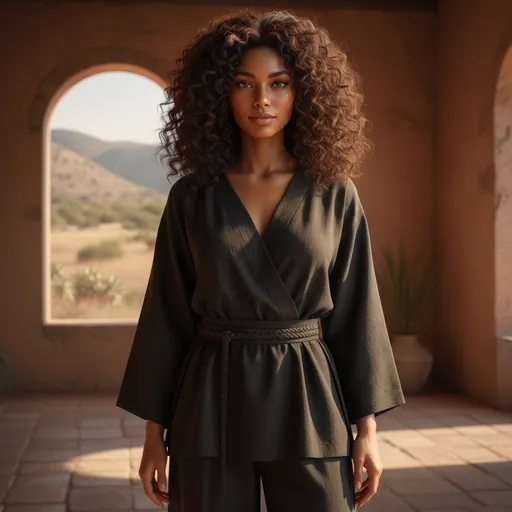 Prompt: 3d render style, a brown skinned woman, 25 years old year old, curly dark hair, brown eyes, wearing black attire, natural soft lighting, warm earthy tones, realistic style, ultra-detailed, full body portrait.