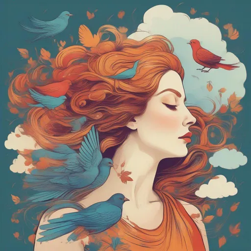 Prompt: A colourful and beautiful Persephone, with hair made of cloud, with birds in flight around her in a painted style
