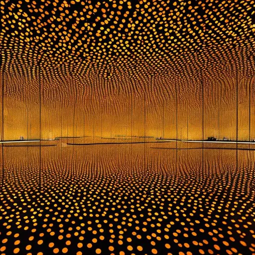 Prompt: view from center of Yayoi Kusama’s Infinity Mirror Room with bronze lighting