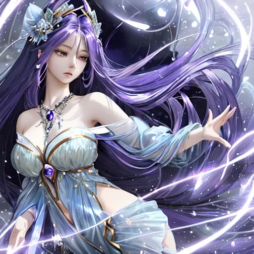 Prompt: Meet Aria, an enchanting anime character with cascading indigo hair that shimmers like a moonlit night. Her amethyst eyes hold a depth of emotions, reflecting a blend of strength and vulnerability. Aria's attire blends elegance and practicality, adorned with intricate details that mirror her graceful demeanor. Her presence radiates a serene beauty, captivating those around her.