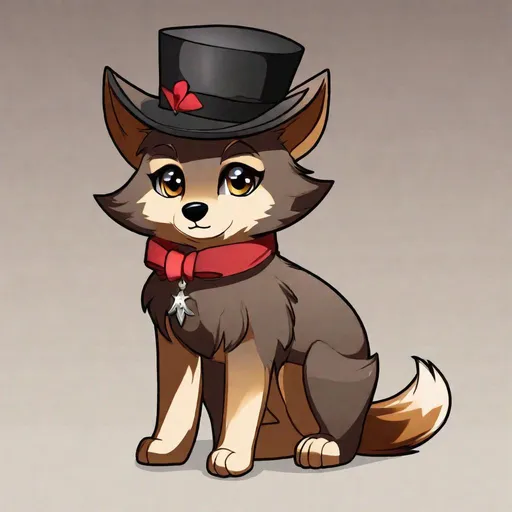 Prompt: Your OC is a small-framed glamrock wolf, with deep-set light brown eyes. They identify as female, and have a monotonous voice. As an accessory, they have a hat, and they can be seen wearing ribbons.