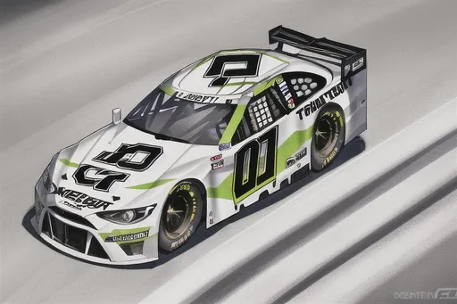 Prompt: Next Gen Nascar stock car, sponsored by OpenArt, white and dark grey color scheme