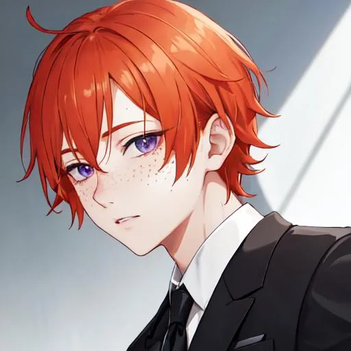 Prompt: Erikku 1male (short ginger hair, freckles, right eye blue left eye purple) wearing black suit at a wedding