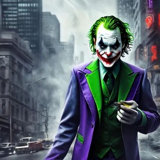 Prompt: Joker with smoke realistic city background

