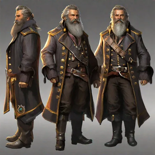 Prompt: 60 years old handsome, big beard, upper body, flowy pirate's coat, epaulets, open eyes, perfect hand, perfect five fingers and body, {{{{highest quality concept art masterpiece}}}} 4k, 128k UHD HDR.
