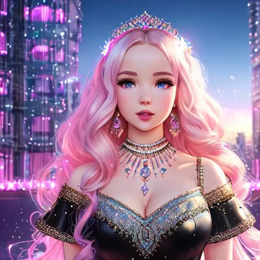 Prompt: Dove Cameron, Hyper realistic, detailed face, singing with mic, battlefield ethereal glittery pink lace royal princess two piece short dress, floating city in background, jewelry set, curly long black hair, stage with lights  in the background, royal vibe, highly detailed, digital painting, HD quality, pale skin, artgerm, by Ilya Kuvshinov 
