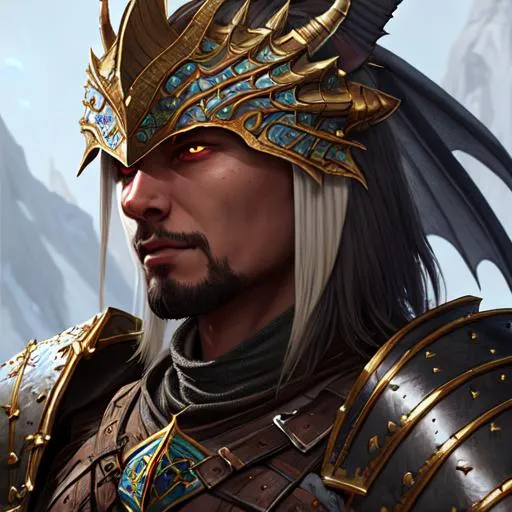 Prompt: fantasy style, extremely detailed, medieval, rpg, oil painting, unreal 5,  portrait of a dragon face warrior wearing a armor