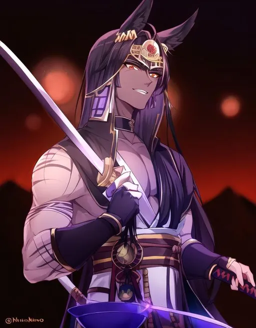 Prompt: Anubis, Anubian, Deity, Male, Long Black Hair, Makoto_Shishio, Egyptian Samurai, 1man, Muscular, Manly, Masculine, Evil, Bandages, Black Skin, Fully Clothed, Samurai, Necromancer, Mature, Elder, Anubian Ears, Furr Ears, Katana, Dark Skin, Mummy, Scars, Expressionless, Villainy,  Villain, 