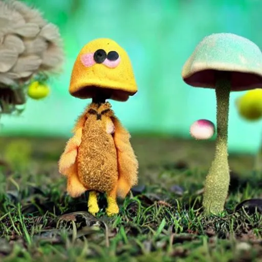 Prompt: cute claymation creatures with big eyes, wearing feathers, dandelions, mushrooms, bokeh, soft lighting, soft pastel colors, Tim Burton {style}