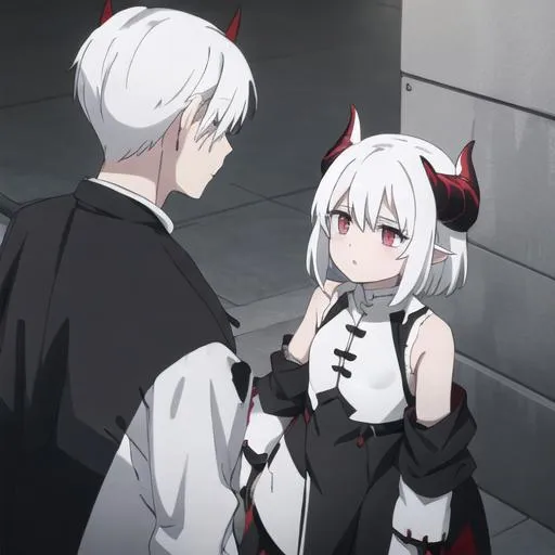 Prompt: Zaley 1female (white hair) {short white demon horns} child, 10 years old, wearing a torn clothes