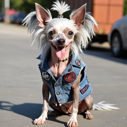 Prompt: Chinese Crested Dog wearing a heavy metal music denim vest with patches