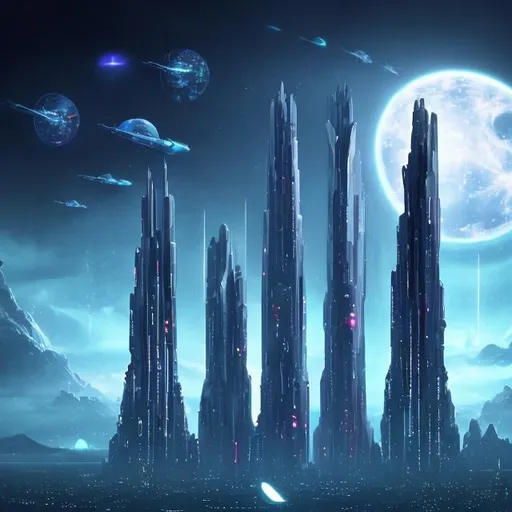 Prompt: Futuristic Tall black towers on deep dark ocean dark sky spaceships night lights hover ships dark tall city lots and lots of small floating ships hovering above clouds big planet with rings closeby spaceships hovering super tall mega skyscraper