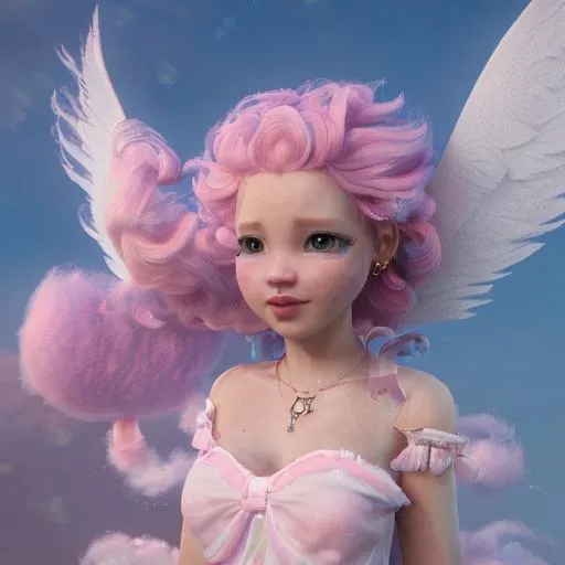Prompt: In a fluffy pink cloud kingdom high above, resides the Angel of Sweetness. She has long pastel-colored hair, sparkling wings, and a heart-shaped halo that glows with a soft pink light. Her outfit is a mix of cute and angelic, with a pink and white frilly dress, fluffy socks, and matching ribbon on her hair. She carries a wand adorned with a big lollipop that glitters with fairy dust. The Angel of Sweetness loves to spread happiness and joy to everyone around her, and her presence is like a warm embrace. She enjoys spending her days baking delicious treats, playing with her fluffy winged animals, and watching over the world below. Are you ready to join her on her adventures in the clouds?