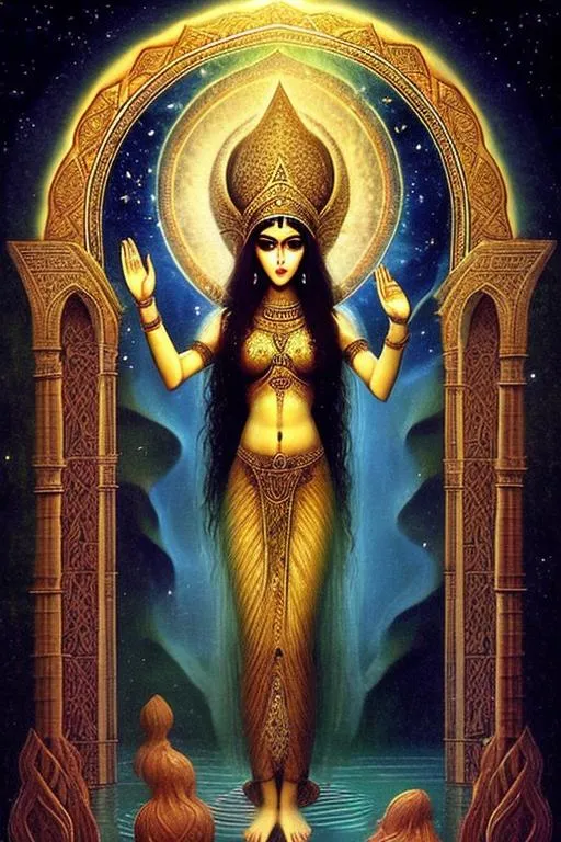 Prompt: Anahita is the Old Persian form of the name of an Iranian goddess and appears in complete and earlier form as Aredvi Sura Anahita, the Avestan name of an Indo-Iranian cosmological figure venerated as the divinity of "the Waters" (Aban) and hence associated with fertility, healing and wisdom. The symbol of goddess Anahita is the Lotus flower. Lotus Festival is an Iranian festival that is held on the sixth day of July. Holding this festival at this time was probably based on the blooming of lotus flowers at the beginning of summer.