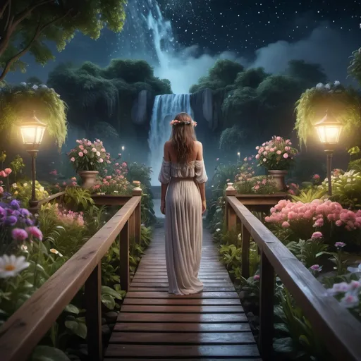 Prompt: 4k image, A realistic, night time, stars up in sky, full figure image, a lush, misted and a little dusty, rich with flowers and plants, garden with a waterfall in the back of the image, center, seen from the front, a solitary beautiful young woman, standing in the middle of the garden on a wooden small bridge, lots of flowers around her, and a bird talking to her. with natural misted foggy moonlight, dynamic flow with liquid lighting techniques. Leonardo Da Vinci's style, Digital Image, realistic attention to detail, highly detailed, colorful realism, dynamic flow with liquid lighting techniques. MIchelangelo's. Digital Image.