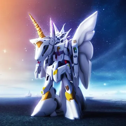 Prompt: 3d {unicorn gundam}, long flowing mane, cute and adorable, cute big circular reflective eyes, long fuzzy fur, Pixar render, fairy forest background bokeh, unreal engine cinematic smooth, intricate detail, cinematic