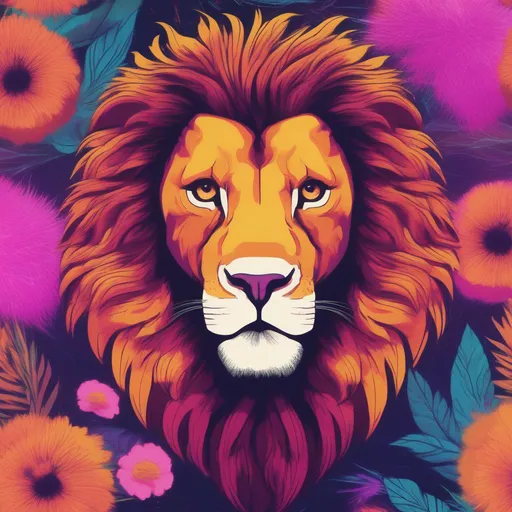 Prompt: a beautiful lion whose mane is made out of flowers, in an 80's synth wave style