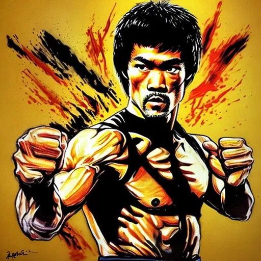 Prompt: Draw Bruce Lee kick Chuck Norris