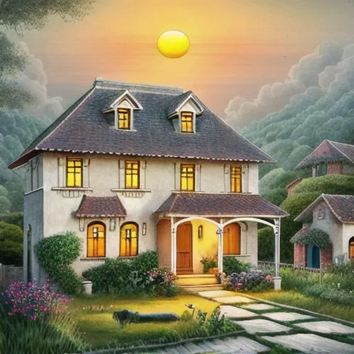 Prompt: a beautiful two story house in a beautiful village, illustrated, dawn, sunrise, good brightness