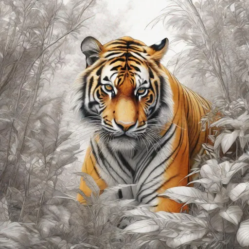 Prompt: a drawing of [a beautiful tiger   : 1.5] crouching down among  [shrubs  : 0.3] , clear sharp contours , mute colors palette, graphite , by Christian Riese Lassen, high contrast, centered, perspective, 8k, HQ, UHD, insanely detailed, hyper realistic, trending on cgsociet 