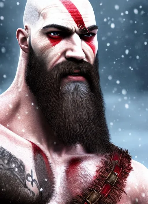 Prompt: Portrait of Kratos with no hair and with beard, snow background, perfect composition, hyperrealistic, super detailed, 8k, high quality, trending art, trending on artstation, sharp focus, studio photo, intricate details, highly detailed, 