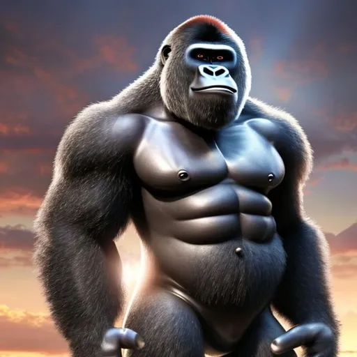 Prompt: A gorilla with abs and has armor and a axe
