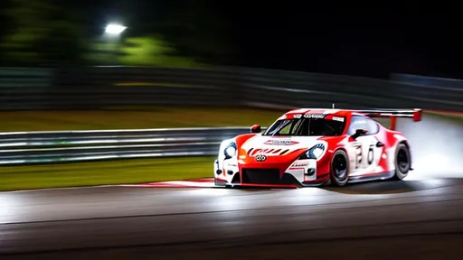 Prompt: Toyota GT3 car taking a corner at the Nurburgring at night, intense, racing, brake light trail, headlight trail, long exposure,
