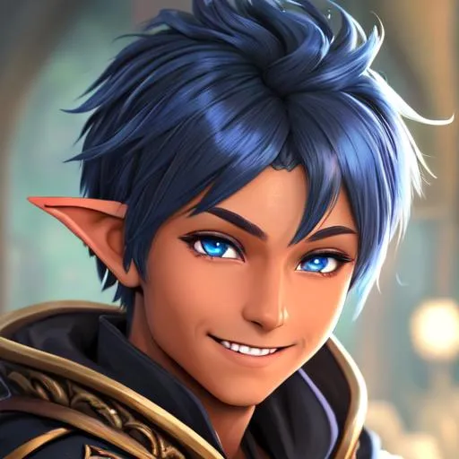 Prompt: oil painting, D&D fantasy, tanned-skinned-gnome man, tanned-skinned-male, short, short bright black and blue hair, bangs hair, smiling, pointed ears, looking at the viewer, Wizard wearing intricate wizard outfit, #3238, UHD, hd , 8k eyes, detailed face, big anime dreamy eyes, 8k eyes, intricate details, insanely detailed, masterpiece, cinematic lighting, 8k, complementary colors, golden ratio, octane render, volumetric lighting, unreal 5, artwork, concept art, cover, top model, light on hair colorful glamourous hyperdetailed medieval city background, intricate hyperdetailed breathtaking colorful glamorous scenic view landscape, ultra-fine details, hyper-focused, deep colors, dramatic lighting, ambient lighting god rays, flowers, garden | by sakimi chan, artgerm, wlop, pixiv, tumblr, instagram, deviantart