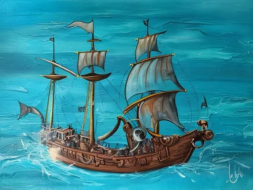 Prompt: Change this painting to a pirate sailing ship 