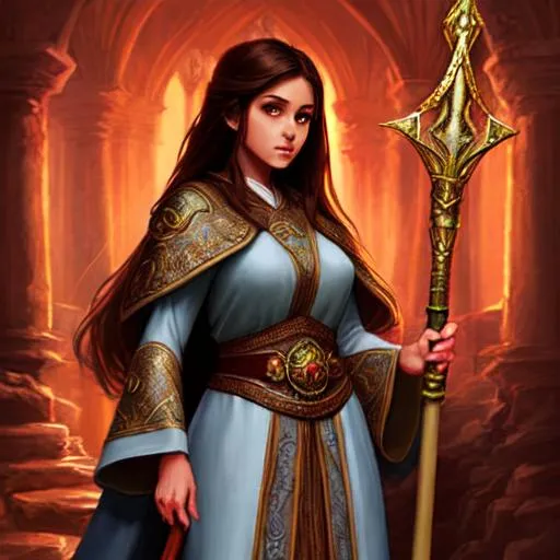 Prompt: Very detailed realistic painting.
fantasy cleric woman. 
Beautiful brown eyes, brown hair. flowing long white intricate priest robe
Full body illustration
Single Magical Staff 
detailed background