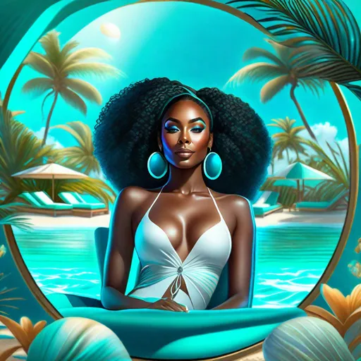 Prompt: Produce a high-quality professional-grade portrait capturing a black woman lying on a lounger, immersed in a digital  teal beach paradise within a magica world. The central image should focus on her detailed visage, the surrounding screens, and the realistic lighting.
The woman, centrally framed, should appear serene. Her face should be detailed with the high-definition precision of professional photography, capturing the illusion of warm sunlight on her skin and the reflection of digital waves in her eyes.

Her surroundings, while physically a small, magical space, should be transformed into a beachside getaway by the surrounding screens. Each screen should display portions of a panoramic beach scene, with details such as turquoise waters, white sands, and swaying palms. The screens themselves should have visible wires and cables, offering a stark contrast to the serene beach images they display.

This setting should be lit realistically, with the faux sunlight from the screens creating a warm, beach-like glow in the room. Shadows and reflections should enhance the immersive illusion and add depth to the scene.

This photograph should encapsulate the juxtaposition of a tranquil beach escape within the confines of a cyberpunk world. It should evoke feelings of longing, escapism, and the advanced, complex nature of a digital world encroaching on our perceptions of reality.