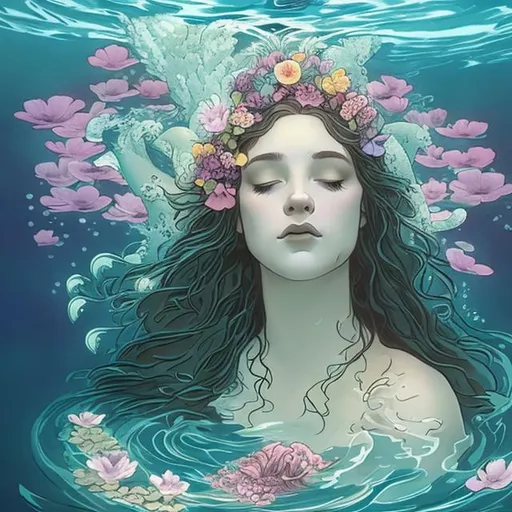 Prompt: Goddess drowning in flowers siren 
