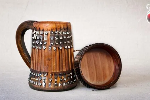 Prompt: two wooden studded medieval tankards  with spy messages scratched into the bottom