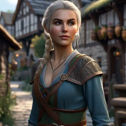 Prompt: D&D half-elf female walking through a village,  highly detailed, professional, render, Sharp focus, HD, UHD, HDR, hyper realistic , 