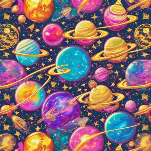 Prompt: Gold and jewels in outer space in the style of Lisa frank