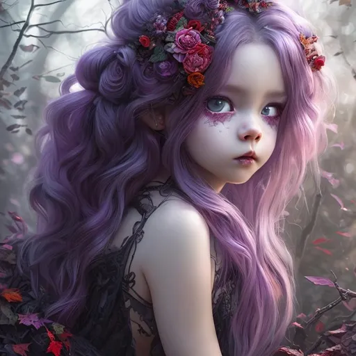Prompt: realistic portrait of a pretty demon chibi, purple white hair, long hair, red hairclip, red dress with lace, heavy fog, overgrown forest, nighttime, light blush, black flowers, Autumn leaves, smile, 8k, high quality, trending art, trending on artstation, sharp focus, studio photo, intricate details, highly detailed, by greg rutkowski