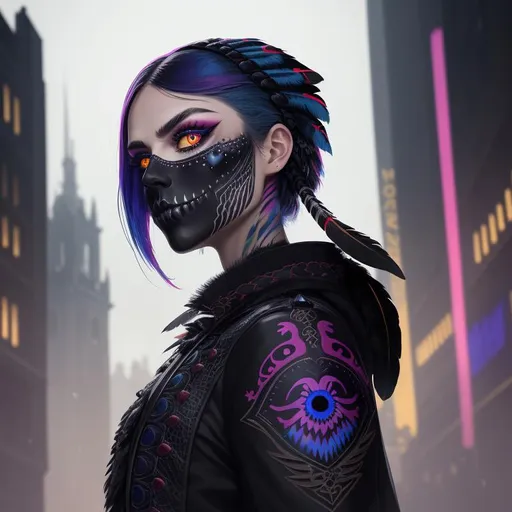 Prompt: European young woman, night city, detailed symmetric crocodile eyes, Milky Way, city, red/blue/white Apache national clothing, head feathers, Mexican skull makeup, Intricately Detailed Splash Art Triadic Color Trend Artstation Unreal Engine 5 Volumetric Lighting, Gothic , High resolution, close-up, ambient light, Nikon 15mm f/1.8G, by GIlSam-paio octane rendering depicting innovation and truth, 8k, by Lee Jeffries, Alessio Albi, Adrian Kuipers, glamour, intricate detailed environment, lace, smudges , dark watercolor background, masterpiece, ornate, depth