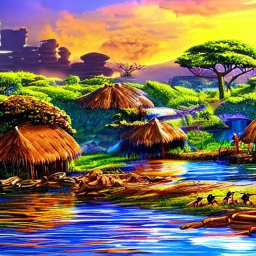 Prompt: futuristic African village, hyper realistic lake, hyper realistic river, amazing realistic water, wildlife, colorful