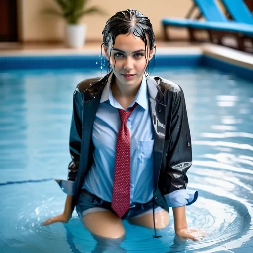 Prompt: photo of young woman, soaking wet clothes, , jeans, shirt and tie,  , inner tube in hotel pool,   enjoying, water dripping from clothes, clothes stuck to body,  detailed textures of the wet fabric, wet face, wet plastered hair,  wet, drenched, professional, high-quality details, full body view.