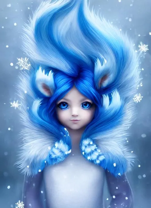 Prompt: Portrait of {a beautiful vulpix} with {blue} hair and with cute face, beautiful innocent eyes, delicate wings, {winter wonderland}, perfect composition, hyperrealistic, super detailed, 8k, high quality, trending art, trending on artstation, sharp focus, studio photo, intricate details, highly detailed