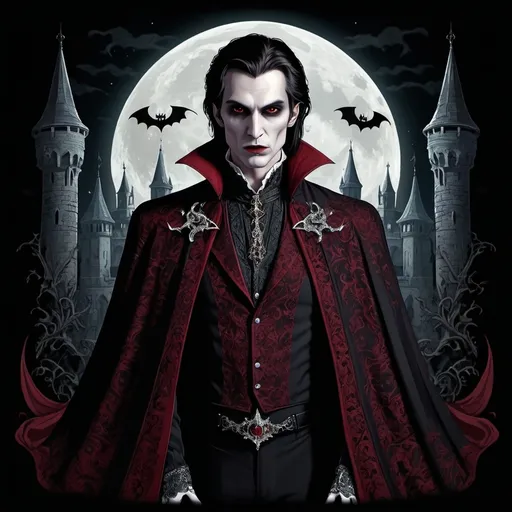 Prompt: (Vampire Prince design for a shirt), vintage style, gothic aesthetic, muted colors, deep reds and blacks, dramatic shadows, elegant and sinister, flowing cloak with intricate patterns, detailed fangs and eyes, regal attire, ethereal background with ancient castle and moonlight, mysterious and enchanting atmosphere, ultra-detailed, 4K, high quality, shirt design.